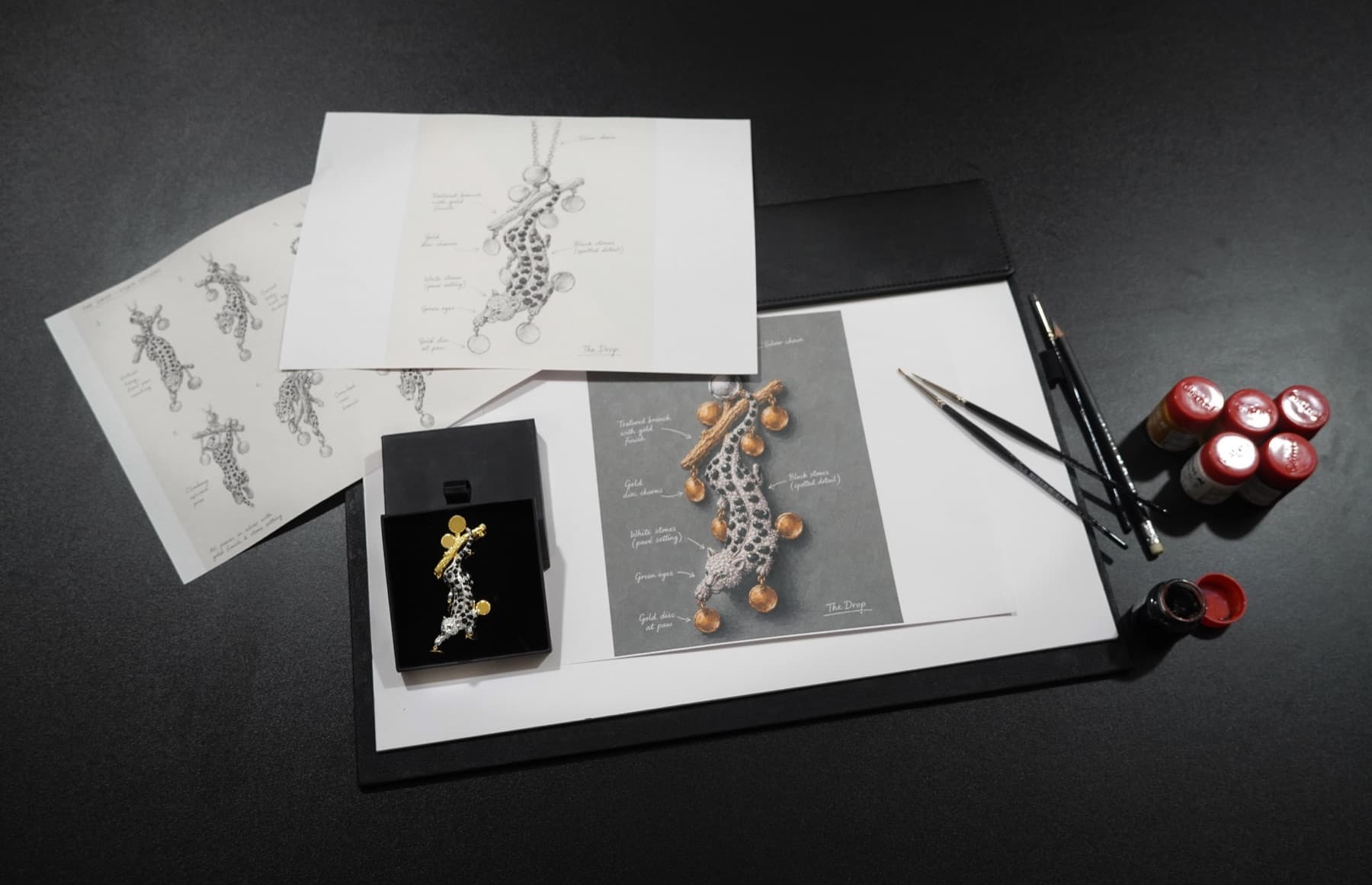 Jewellery design sketches and tools at the Vitti studio